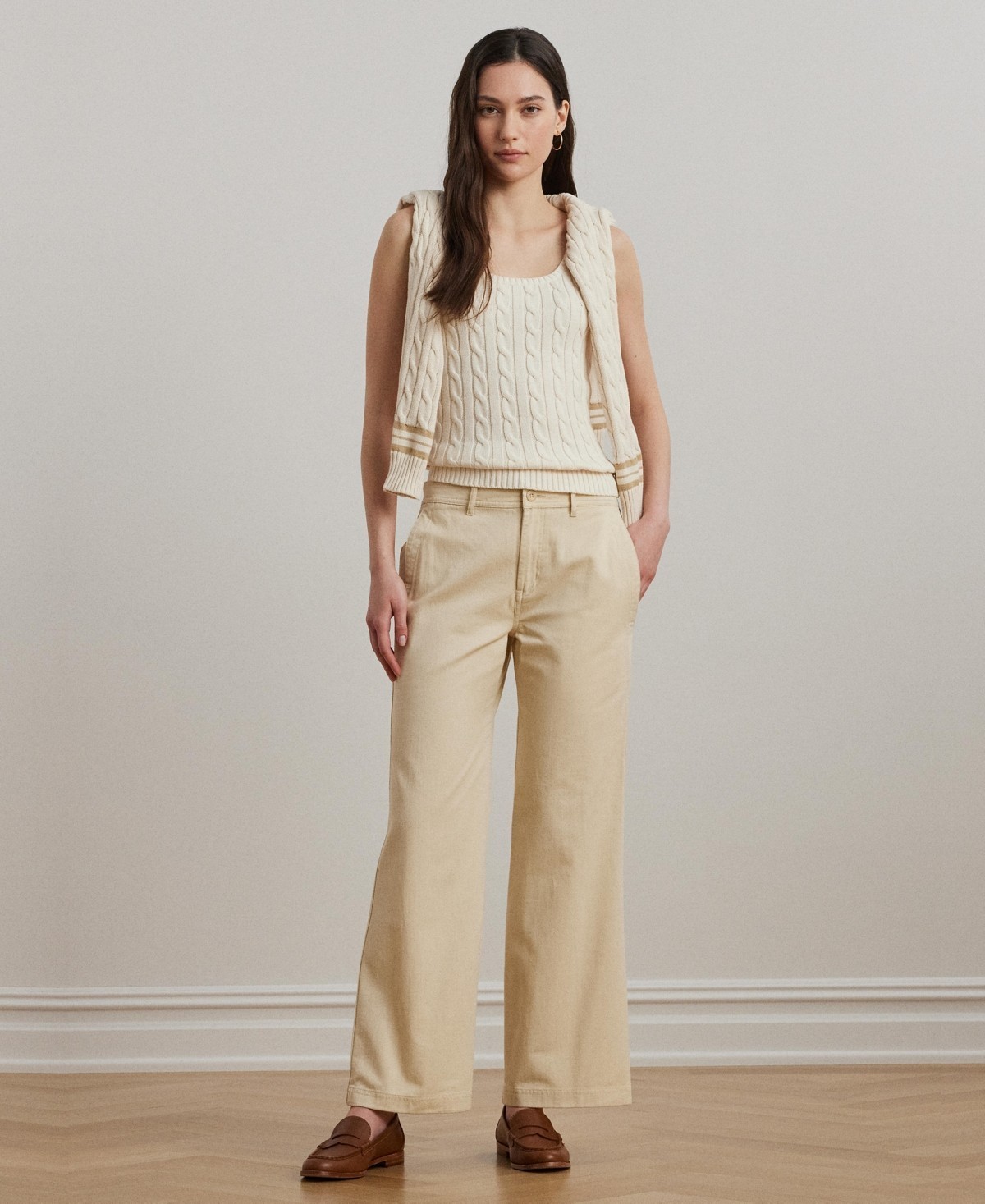 Lauren Ralph Lauren Women's Cotton Twill Wide-Leg Pants Beige Size 10 1739