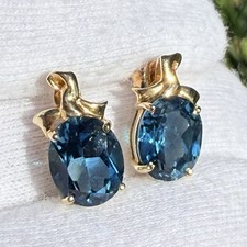 14k Gold London Blue Topaz Oval 9.98X7.99mm Stud Earrings 3.4g CJC Video 