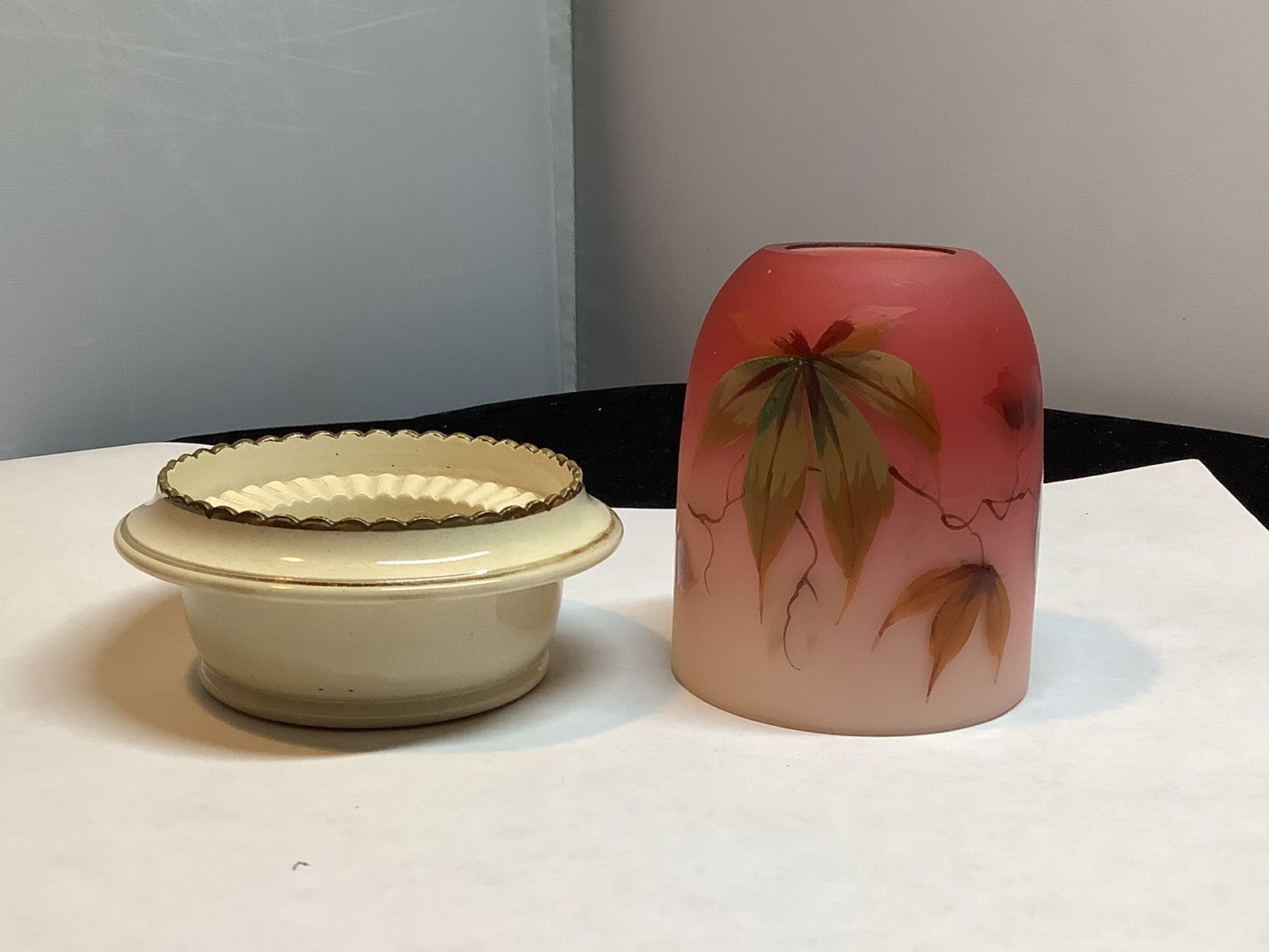 Thomas Webb Decorated 2 Piece Candle Lamp Fairy Light Peach Blow Woodbine As Is