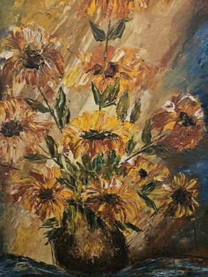 Mid-century Oil On Board Impressionistic Style Sunflower Painting By G Sprawl
