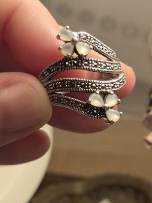 Vintage Sterlingsilber Markasit Perlmutt Blumen Cocktail Ring signiert JC