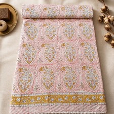 Pink Kantha Bedspread Block Print Quilt King Size Handmade Floral Bedcover