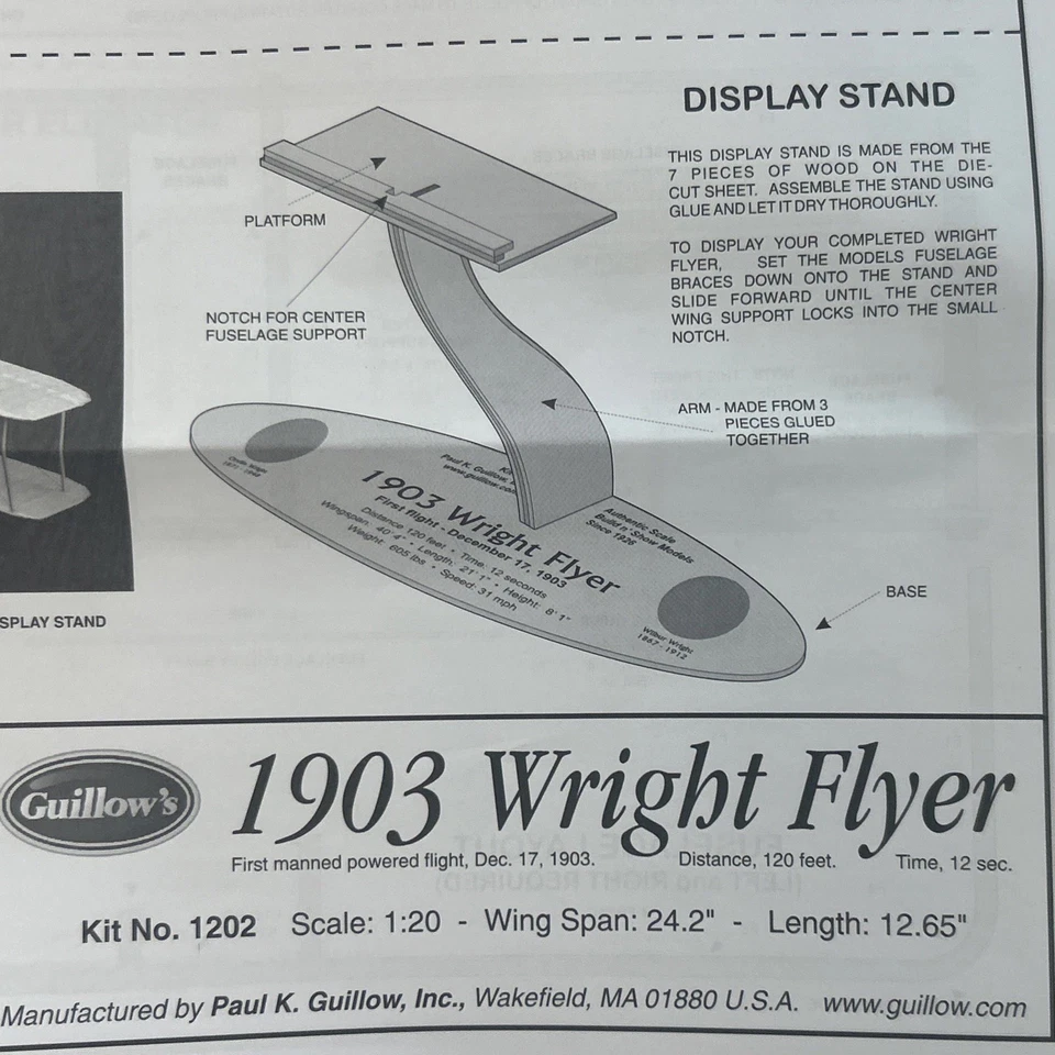 New Guillow 1903 Wright Brothers Flyer [GUI1202] Laser Cut Balsa Wood Model Kit - Image 4 of 4