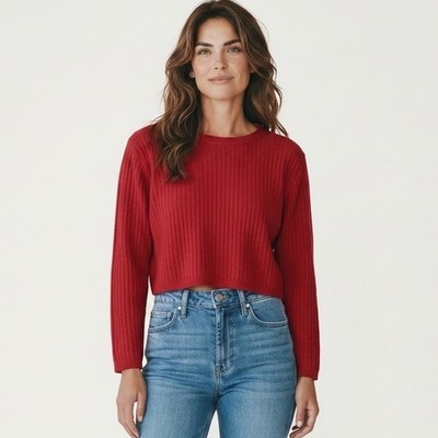 Babaton Aritzia Red Ribbed Knit Cropped LS Sweater Women L Contemporary Designer