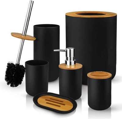 6 Pack Bamboo Bathroom Set, Toilet Brush with Soap Dispenser, Toothbrush Holder