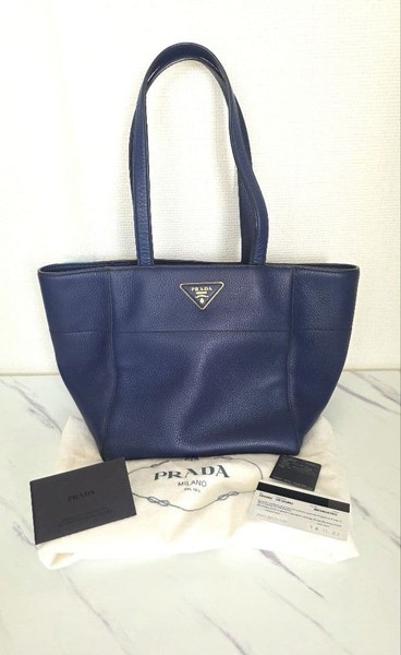 PRADA Leather Navy Tote Bag Authentic Women's Large Leather Handbag