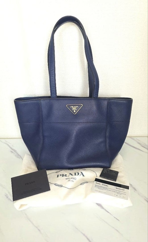 PRADA Leather Navy Tote Bag Authentic Women's Large Leather Handbag
