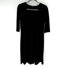 Eileen Fisher Sheath Dress Womens S Black Deep V-Neck 3/4 Sleeve Minimalist Chic