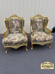 67516 Pair of Vintage French Provincial Gold Gilt Wingback Chairs