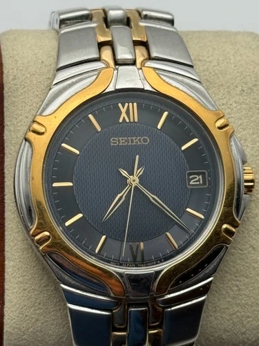 SEIKO 7N42-6C10 Two-Tone Textured Blue Date Quartz 38mm New Battery Bracelet