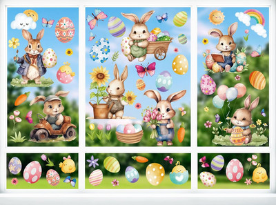 Fenstersticker Ostern Deko,Selbstklebend Frühling Ostern Fenstersticker mit hase