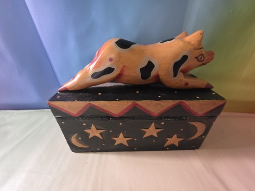 Vintage Folk Art Hand Carved & Painted Wooden Cat Figurine Trinket Box - Picture 3 of 5