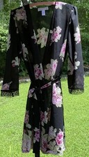 Oscar de la Renta Pink Label Robe Sz S Black Pink Rose Floral Lace Trim