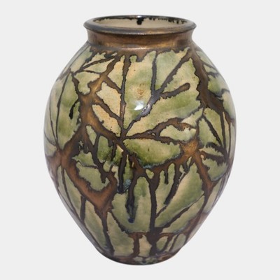 Hog Hill Studio Art Pottery Green Bronze Luster Leaf Decorated Bulbous Vase Fox