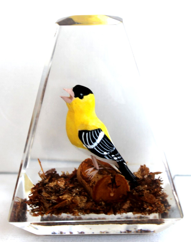 Vintage Hand Carved Painted Goldfinch Lucite/Acrylic Unique Canada Paperweight