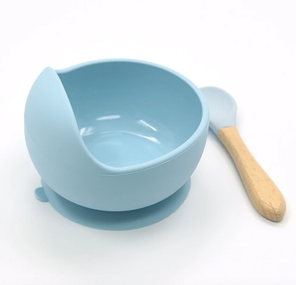Weiche Baby Schüssel / Schale mit Saugnapf und passendem Holzlöffel in 3 Farben - Bild 2 von 3