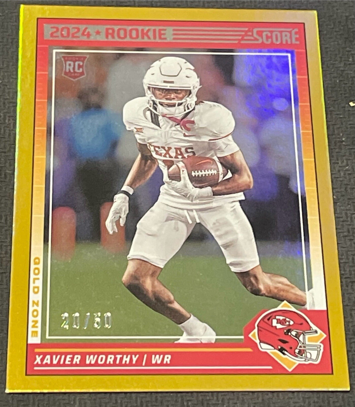2024 Panini Score Xavier Worthy 20/50 GOLD ZONE Rookie Rc #324. KC Chiefs