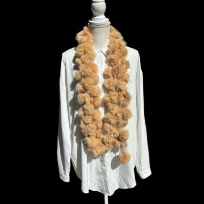  Vintage Genuine Rabbit Fur Soft Warm Tan Pon Pons Scarf.