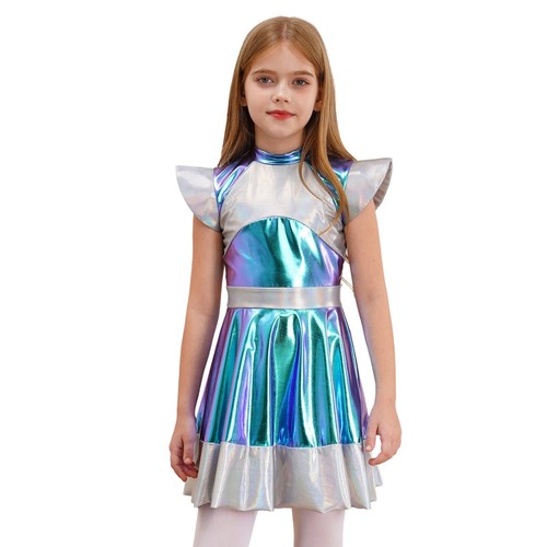 Kids Girls Metallic Outer Space Dress Cap Sleeve Alien Cosplay Theme Party - Picture 2 of 22