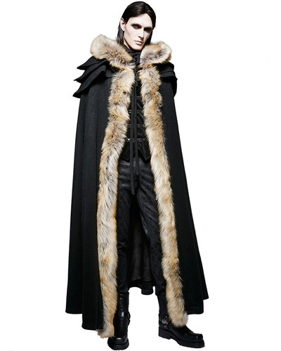 Punk Rave Mens Cloak Coat Jacket Black Hooded Fur Gothic Steampunk VTG Regency - Picture 7 of 12
