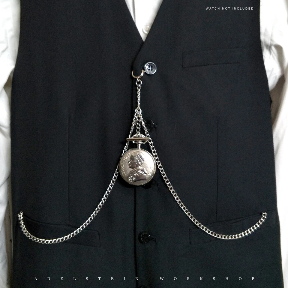 Cadena de reloj de bolsillo Waldemar Double Albert plateado, giratoria y caída FOB005 Foto 4 de 4