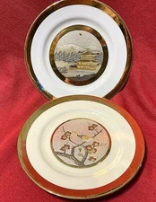 VTG Lot of 2 Chokin plates-Bird Plate (Limited Edition 1985) &Temple Plate-Japan
