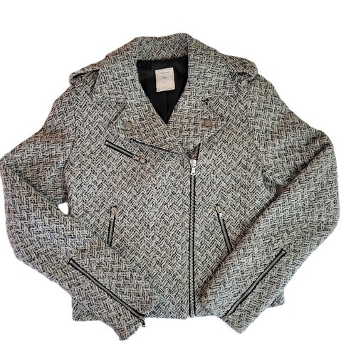GAP Wool Blend Black White Herringbone Tweed Moto Jacket Asymmetrical Zip XS - Picture 12 of 16