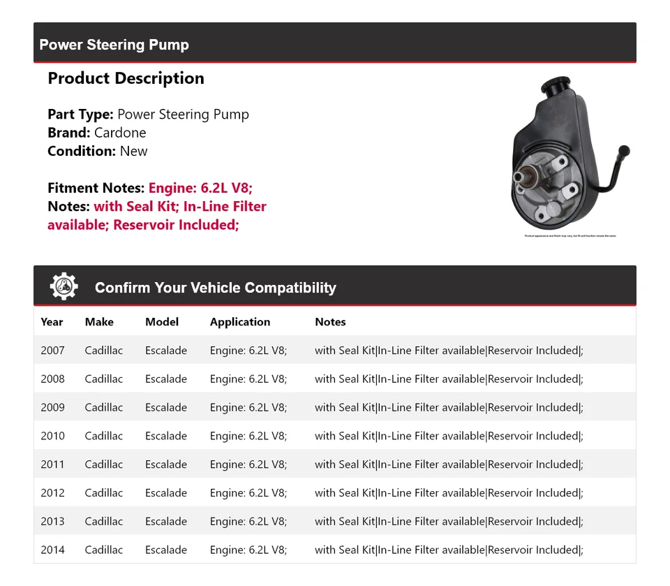 Bomba de dirección asistida Cardone 2008 2009 para Cadillac Escalade 2007-2014 6,2 L V8 Foto 2 de 4