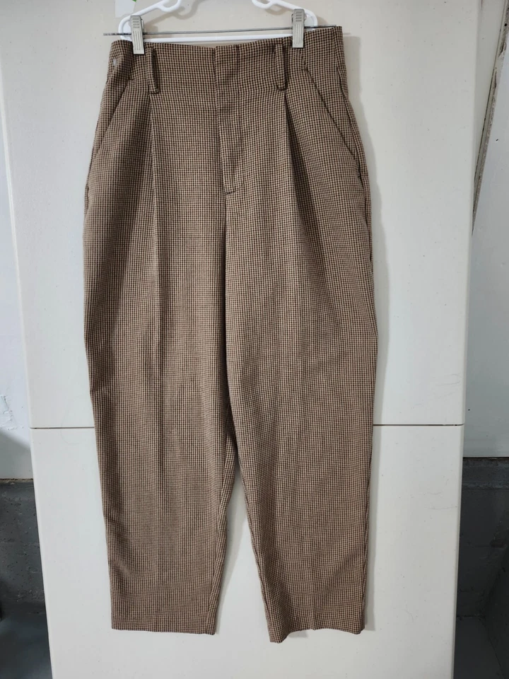 Zara Pants Womens S Beige Trouser High Waist Houndstooth Plaid Loose Relax Taper - Image 2 of 4