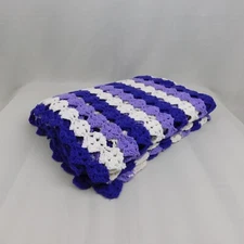 Handmade Crocheted Afghan Throw Lap Blanket - White, Purple Stripe #7672