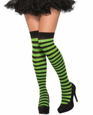 WITCH KNEE HIGH SOCKS Green Black Stripe Wicked Wizard Of Oz Costume Adult  Clown