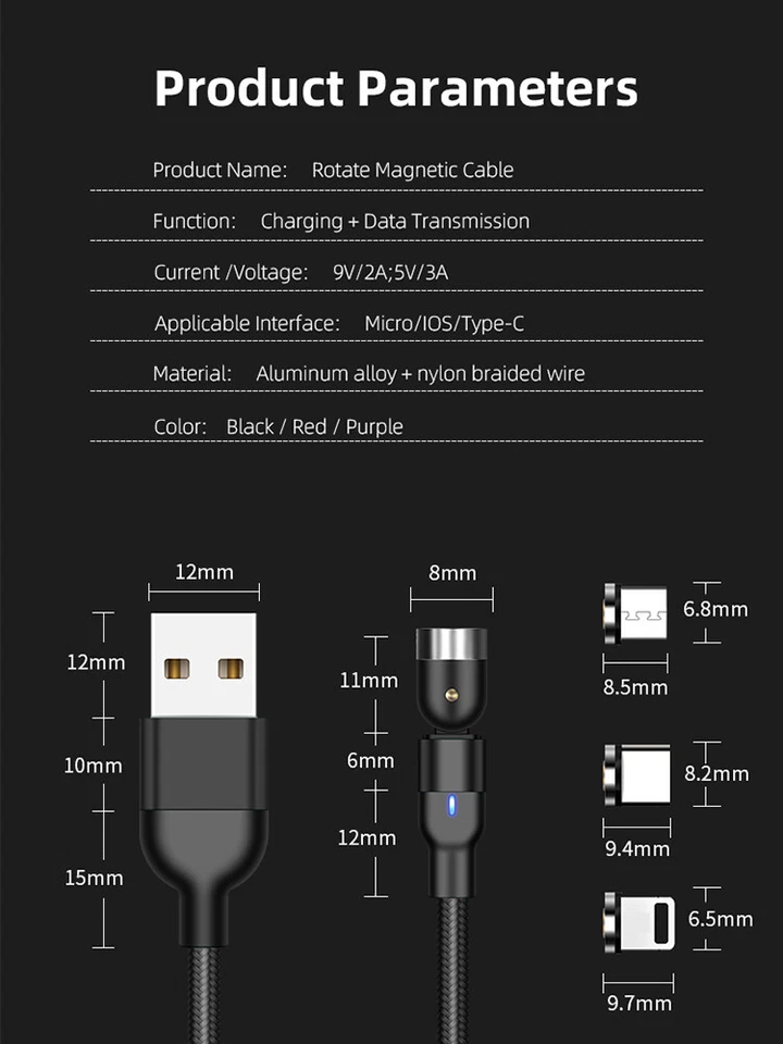 Carga Rápida 3A 540 Rotación LED 3 en 1 USB Cargador Magnético Iphone/Android  Foto 4 de 4