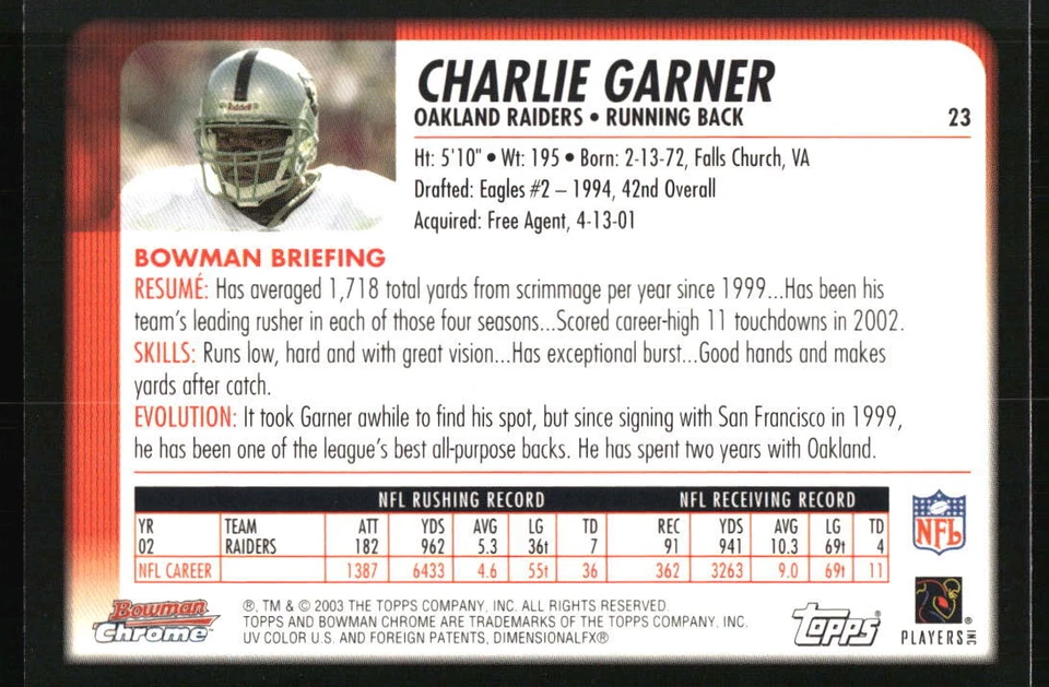 2003 Bowman Chrome Charlie Garner #23 Oakland Raiders - Image 2 of 2