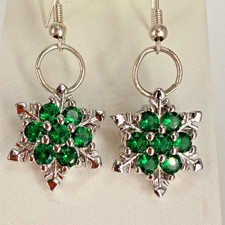 925 Sterling Silver Green Rhinestone Snowflake Dangle Earrings Christmas 5.4g TW