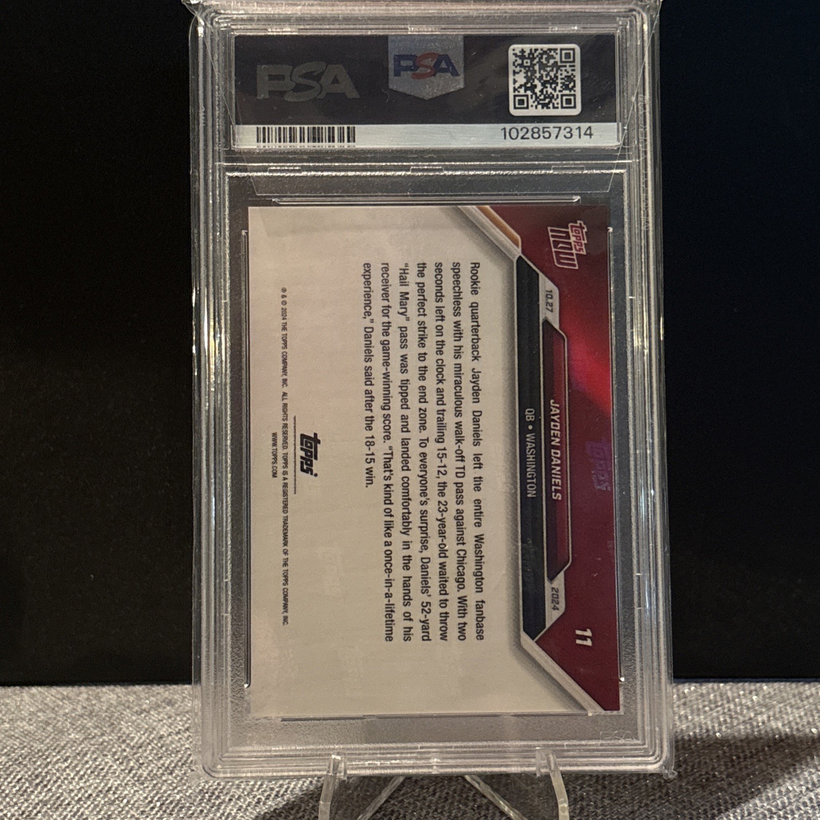 2024 Topps Now Jayden Daniels Hail Mary #11 PSA Gem MT 10, Washington Commanders view 2