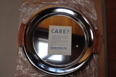 Vintage Kromex Round Serving Tray With Teak Wood Handles - Unused