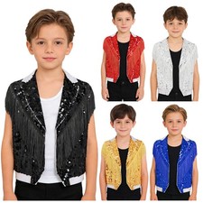 Kids Dance Vest Photo Prop Waistcoat Dance Recital Sequin Fringe Stage Jazz Tops