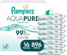 Pampers Aqua Pure Baby Wipes, 99 Water, Fragrance Free, 896 Baby Wipes Total