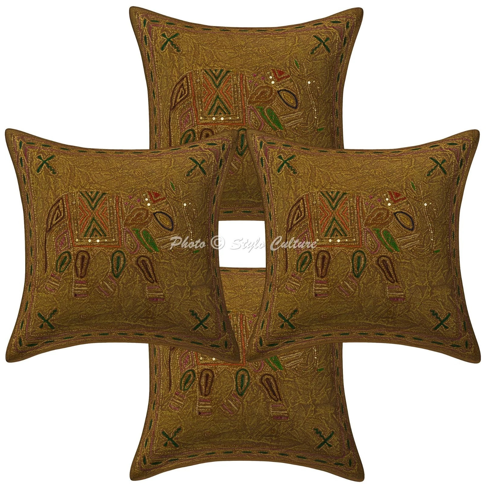 Indian Cotton Throw Pillow Covers Gold Thread Embroidered Brown Elephant Decor
Opens in a new window