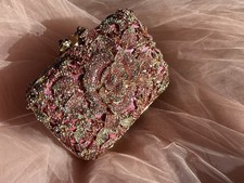 Pink Crystal Rose Evening Clutch Purse Rhinestone Floral Gold Wedding Bag