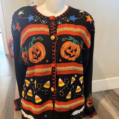VTG Gladys Bagley HALLOWEEN Cardigan Knit SWEATER M Beads Rhinestone Embroidery