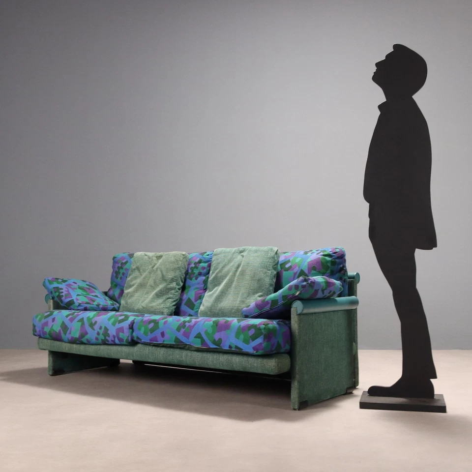 Sofá Vintage 2 Plazas Fantasía Estampado Tela Almohadas Diseño Italia Años 80 Foto 3 de 4