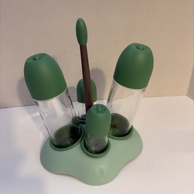 BIESSE CASA 5 Pc Serving Set Green.  Plastic Stand And Lids, Glass Containers
