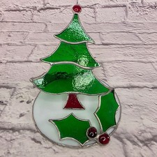 Vtg Stained Glass Green Foiled Christmas Tree Holiday Decoration Hand Crafted