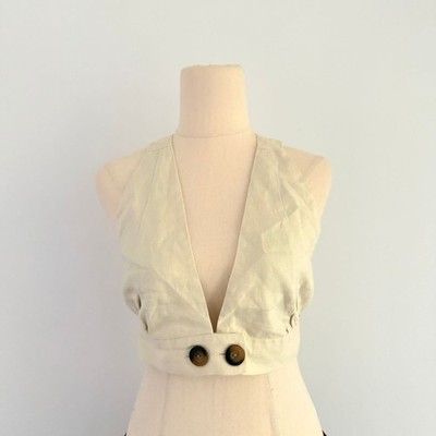 POSSE 100% Linen Halter Vest Top Womens L Cream Open Back Crop Button Front