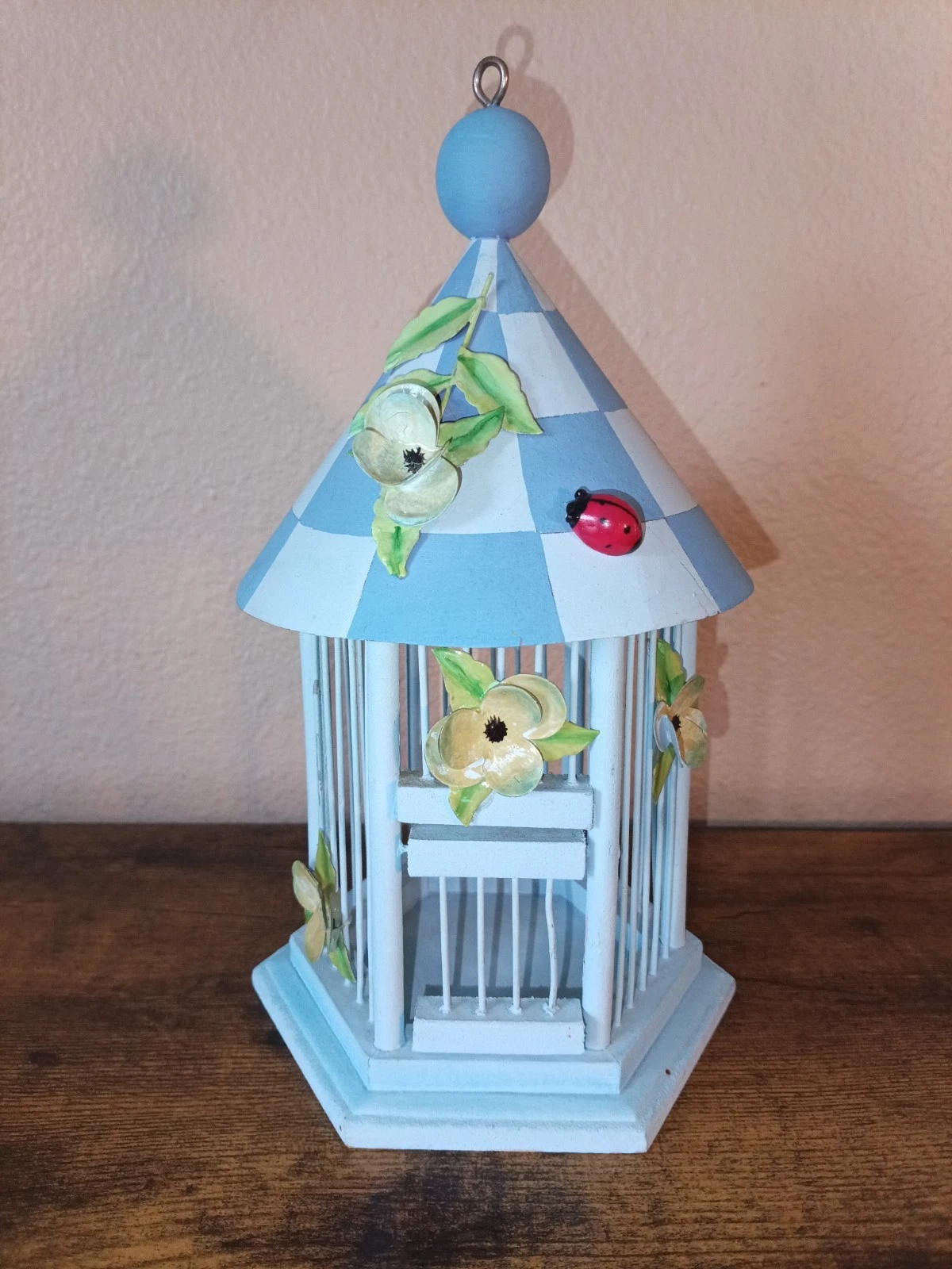 Small Decorative Bird Cage Home Decor Blue Metal Flowers Ladybug Cottage Core