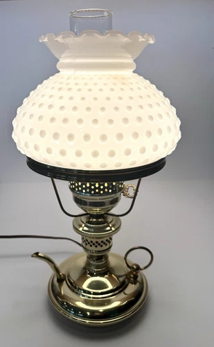 Vintage Brass Hobnail Milk Glass Aladdin Oil Look Working Electric Lamp