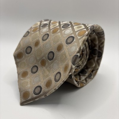 Van Heusen Silk Tie Beige Brown Geometric Dot Pattern Stain Resistant