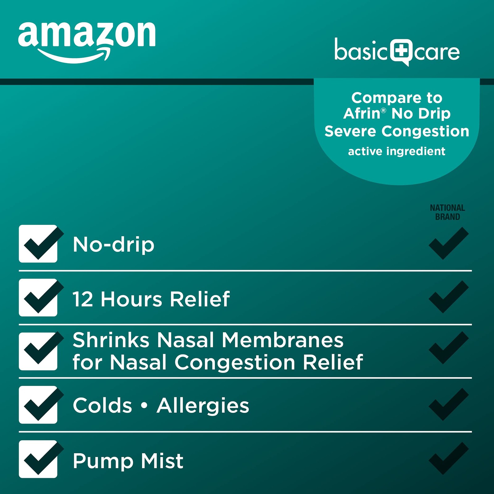 Basic Care No Drip Severe 12 Hour Nasal Decongestant Pump Mist, Steroid Free,