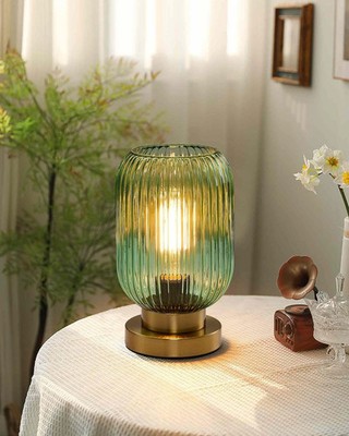 Mid Century Modern Table Lamp Green Ribbed Glass Globe & Vintage Gold, Dimmable